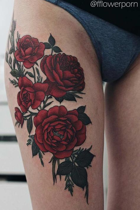 Olga Nekrasova, Inner Thigh Tattoos, Tattoo Lounge, Upper Thigh Tattoos, Rose Tattoo Thigh, Flower Thigh Tattoos, Thigh Tattoo Designs, Rose Tattoos For Women, Rose Tattoo Design