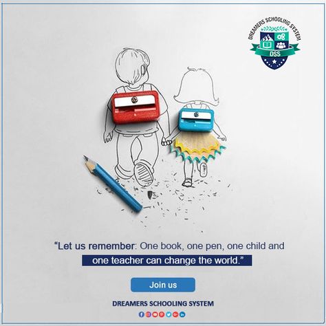 let us remember : one book one pen one child and one teacher can change the world  #dreamers #DSS #DSSOfficial #DreamersSchoolingSystem #DSSOfficial #WednesdayWisdom #WednesdayWisdom #best_school_in_johar_town #OnlineClasses #johartown #professsions  admissions open for online classes Education Poster Design, Child Education, School Creative, Happy Children's Day, Free Education, School Posters, Creative Poster Design, Education Poster, Creative Posters