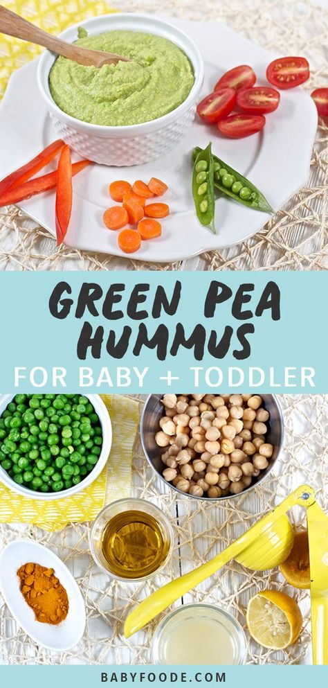 This Green Pea Hummus for Baby + Toddler can be served as a puree or as a fun and healthy dip for toddlers! Green Peas Recipes Healthy, Stage 3 Baby Food, Chickpea Recipes Healthy, Green Peas Recipes, Blw Ideas, Pea Hummus, Baby Food 8 Months, Baby Food Puree, Healthy Dip