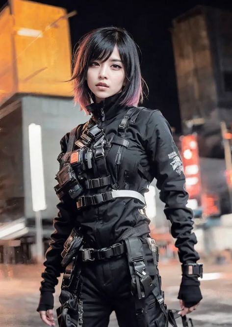 The image shows a young woman dressed in a black tactical outfit. She has short black hair and purple highlights. She is wearing a black jacket with a white stripe down the side and black pants with a white belt. She is also wearing a black tactical vest with various pockets and pouches. She has a confident expression on her face and looks like she is ready for action. Black Tactical Outfit, Black Tactical Vest, Tactical Outfit, Tactical Women, Confident Expression, Tactical Suit, Short Black Hair, Purple Highlights, Punk Girl