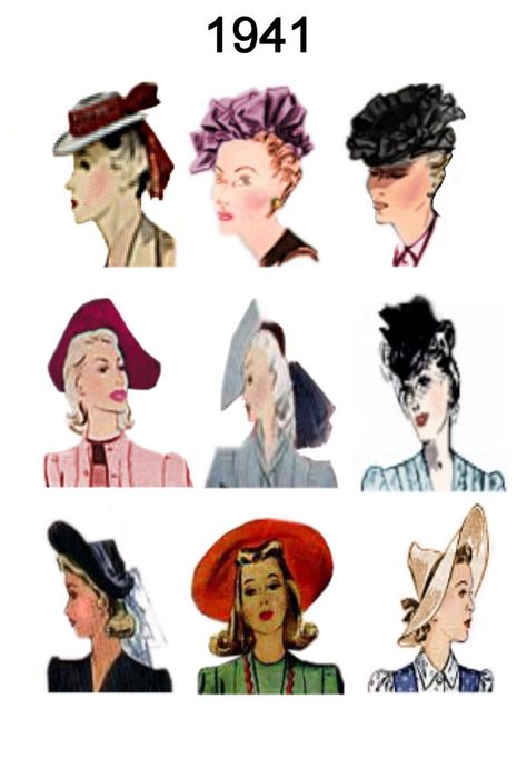 1940-1945 Pictures of Hairstyles and Hats in 1940s Fashion History Hairstyle 1940, Types Of Hats For Women, 1930s Hair, 1930s Hats, 1940s Hats, 1930's Fashion, 1940s Hairstyles, Patron Vintage, 30s Fashion