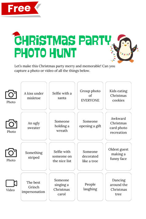 Looking for a fun and easy game to play at your Christmas party? Check out this free holiday-themed photo scavenger hunt! Snap photos of the festive items and prompts listed and create lasting memories. 📸 Christmas Party Games For Adults Free, Christmas Selfie Scavenger Hunt, Christmas Party Scavenger Hunt, Christmas Scavenger Hunt For Adults, Christmas Photo Scavenger Hunt, Christmas Party Ideas Games, Staff Christmas Party Ideas, Picture Scavenger Hunt, Printable Christmas Party Games