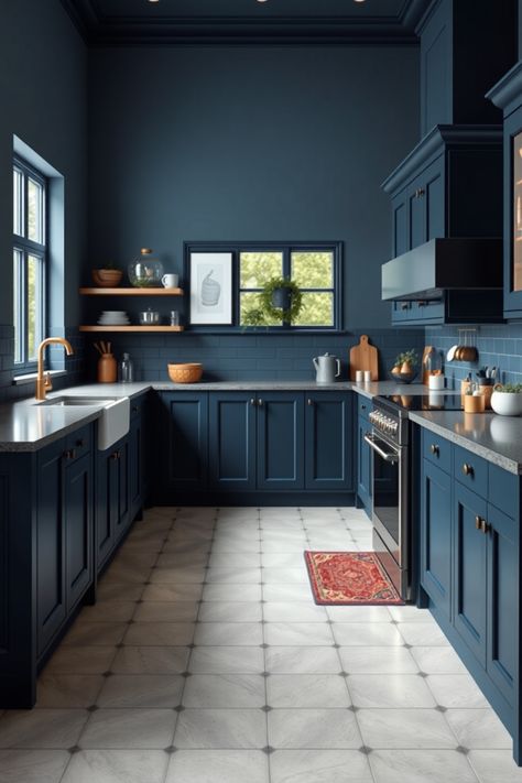 Looking to transform your kitchen with a bold color palette? Discover 12 stunning navy blue kitchen ideas that blend style with functionality. From chic cabinets to elegant backsplashes, each design offers inspiration for your dream kitchen. Explore patterns and textures that make navy blue kitchens a must-have in modern homes. Whether you're a DIY enthusiast or hiring a pro, these designs will spark your creativity and set the stage for memorable gatherings. Let your kitchen shine with colors and styles that speak to you! Navy Kitchen Color Palette, Terracotta Floor Blue Cabinets, Blue Kitchen Colors, Indigo Blue Kitchen, Grey And Blue Kitchen Ideas, Blue Industrial Kitchen, Blue Tile Kitchen, Navy Rustic Kitchen, Retro Blue Kitchen