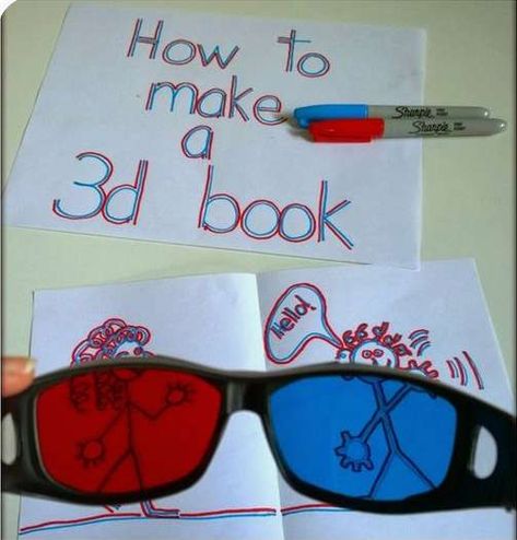 Movie Crafts, Flip Book Animation, 3d Words, Hand Printing, Blue Crafts, Diy Glass Bottle Crafts, Red Glasses, Optical Art, How To Make Drawing