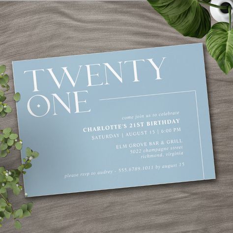 Twenty One | Light Blue Simple Airy 21st Birthday Invitation - tap/click to personalize and buy #Invitation #21st #birthday #invitations, #girls #twenty Twenty First Birthday, 21st Birthday Invitations, Birthday Designs, Birthday Wall, Birthday Invitation Card, 30th Birthday Invitations, 21st Birthday Party, 21 Birthday, Wall Banner