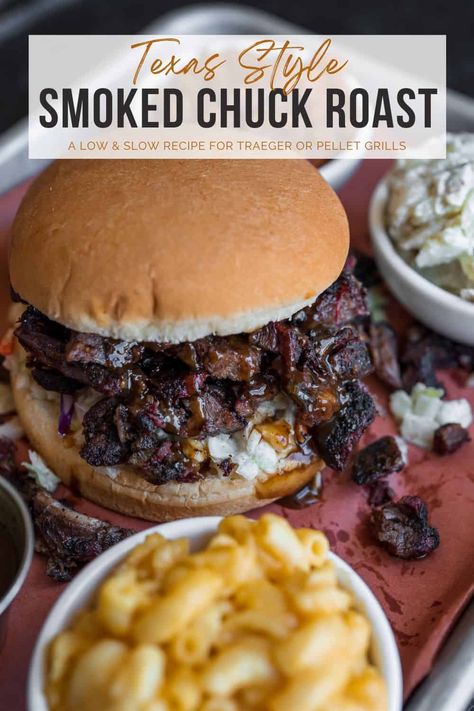 Smoked chuck roast is an easier, cheaper alternative to brisket. This recipe teaches you how to make it on a Traeger grill or pellet smoker. Chuck Roast On Pellet Grill, Smoked Stew Meat, Brisket Ideas Leftover, Rec Tec Grills Recipes, Fast Smoker Recipes, Smoked Chuck Roast Pellet Grill, Crockpot Beef Chuck Roast Recipes, Best Smoked Recipes, Tregger Cooking