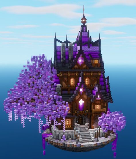 Witch Town Minecraft, Minecraft Building Ideas Witch, Wisteria Tree Minecraft, Amethyst Castle Minecraft, Purple Minecraft Builds, Minecraft Purple House, Purple Minecraft House, Gothic Minecraft Builds, Goth Minecraft Builds