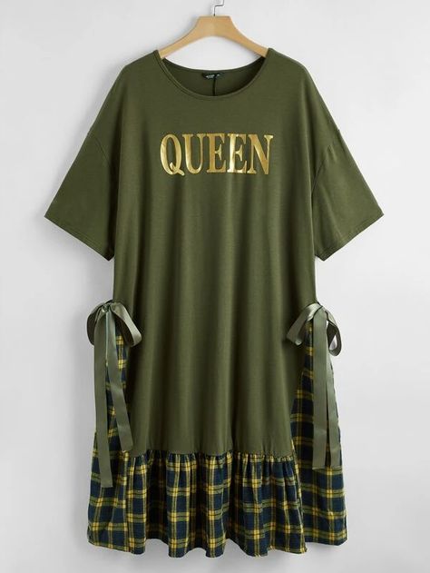 Plus Letter Graphic Knot Side Plaid Panel 2 In 1 Dress | SHEIN USA Tshirt To Dress Upcycle, T-shirt Into Dress, Upcycled T Shirt Dress, Upcycle Plaid Shirt, Patchwork Tshirt Dress, Tshirt Dress Diy, Newspaper Print Dress, Casual Upcycled Short Sleeve T-shirt, Denim Furniture