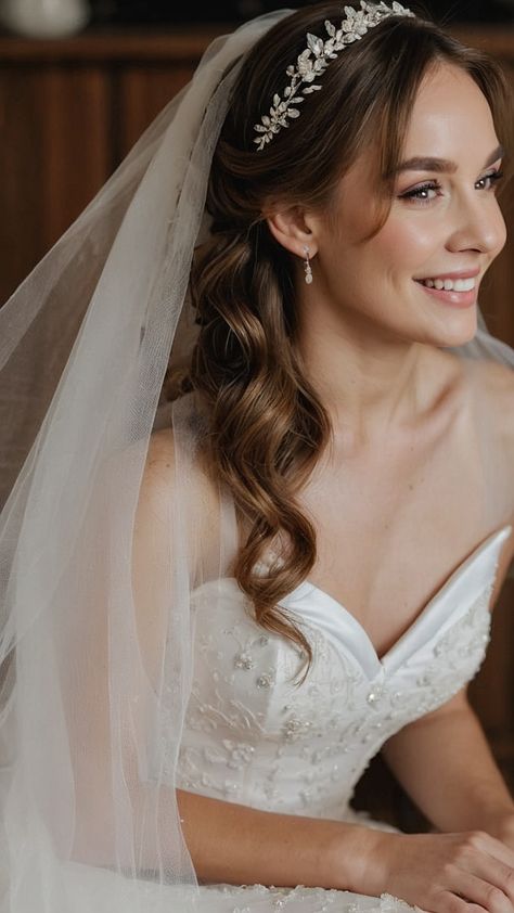 Elevate your bridal look with these stunning wedding hairstyles featuring veil ideas for every bride From vintage curls to elegant updos tiaras crowns buns Korean-inspired styles and simple ponytails find the perfect hair-down style for your big day Whether you prefer a chic bob long waves or a short hairstyle discover inspiration for a memorable wedding day look Headband And Veil Hair Down, Wedding Hair For Bride With Veil Down, Simple Veil Wedding Hair Down, Bridal Hair With Hairband, Kate Middleton Wedding Hair, Wedding Hairstyles Tiara Veil, Simple Bridal Hair Down With Veil, Bridal Hair With Tiara And Veil, Wedding Veil With Crown