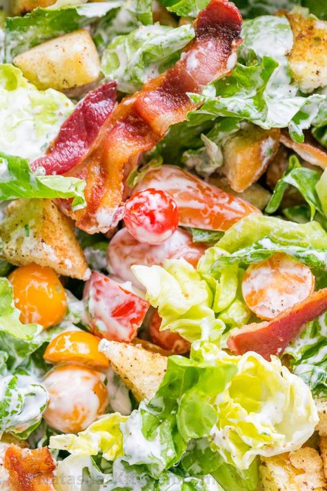 BLT Salad Recipe + Best BLT Salad Dressing! - NatashasKitchen.com Blt Salad Dressing, Best Blt, Blt Salad Recipe, Blt Salad, Salad Dressing Recipe, Lettuce Salad, Chopped Salad, Salad Dressing Recipes, Avocado Salad