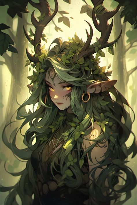 Green Dragon Human Form, Woodland Character Design, Anime Female Green Hair, Nymph Art Character Design, Green Skin Character, Female Druid Character Design, Fantasy Creatures Art Humanoid, Druid Elf Female, Wood Elf Character Design