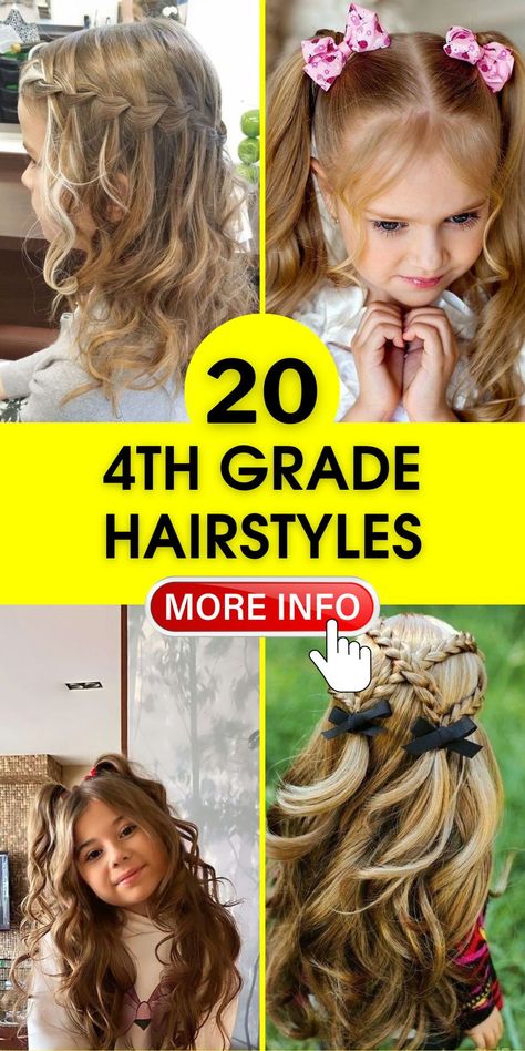 Dive into a selection of 4th grade hairstyles that are both cute and easy to manage. These styles include a variety of braids and curly hair options, ideal for the busy mornings and long school days. They're perfect for making your child feel special on the first day of school. 4th Grade Hairstyles, Grade Hairstyles, Elegant Braids, Childrens Hairstyles, Prom Trends, Rainbow Braids, Side Swept Curls, Kids' Braids, Toddler Easter