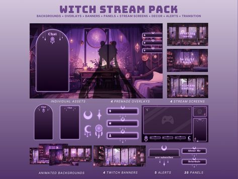 purple stream overlay animated vtuber background witch twitch overlay witch vtuber asset purple twitch banner purple stream package animated by SubtleStyleStudio on Etsy Art Stream Overlay, Vtuber Overlay Design, Vtuber Banner, Witch Vtuber, Vtuber Stream Overlay, Stream Aesthetic, Vtuber Overlay, Streaming Overlay, Banner Twitch