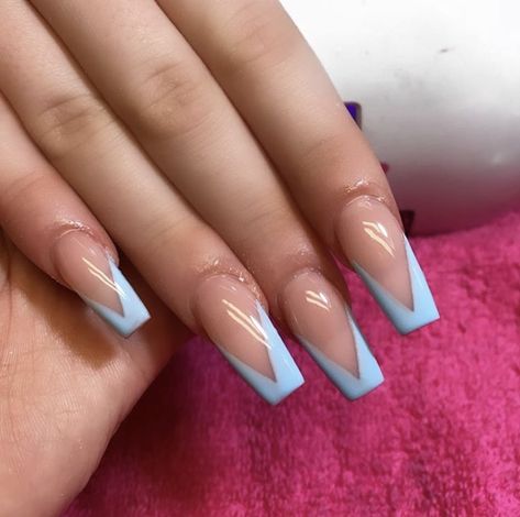 Nail Ideas Acrylic Blue And White, Blue V Shape French Tip Nails, Blue French Nails Coffin, Light Blue French Tips Coffin, V Tip Nail Designs, Blue V Tip Nails, Prom Nails Periwinkle, Blue V French Tip Nails, Light Blue French Tip Nails Coffin