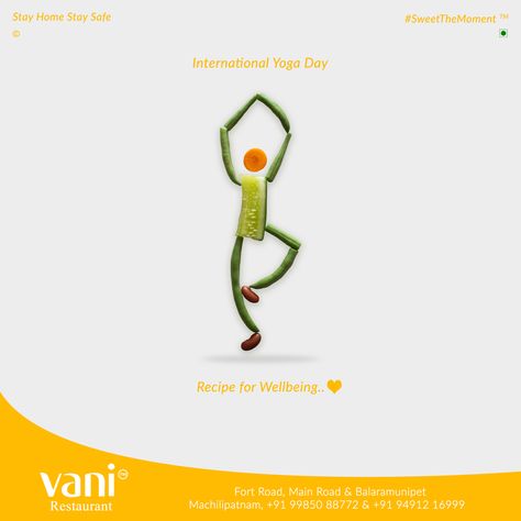 Here on this #yoga day Vani Restaurant came up with recipe for #wellbeing  Client: Vani Restaurant Location: Machilipatnam, #andhrapradesh Agency: byINK. #food #june #21 #international #yoga #day Yoga Day Creative Ads For Food, Yoga Day Creative Ads, Yoga Day Creative, World Yoga Day, Yoga Food, Boyfriend Instagram, Creative Advertising Design, International Yoga Day, Posters Design