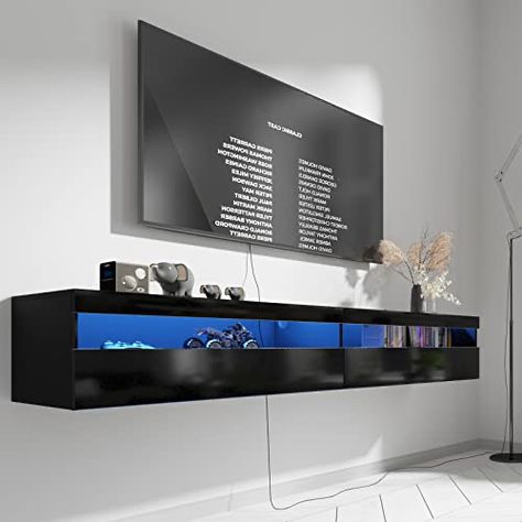 Mounted Tv Shelf, Wall Mount Tv Shelf, Tv Stand Wall, Floating Tv Console, Floating Tv Shelf, Tv Stand With Led Lights, Contemporary Family Room, Floating Entertainment Center, Cinder Block Walls