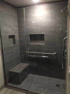 Walking Shower Ideas, Small Walk In Shower Ideas, Walking Shower, Walk In Bathroom Showers, Large Shower Tile, Gray Shower Tile, White Subway Tile Bathroom, Slate Shower, Tile Walk In Shower