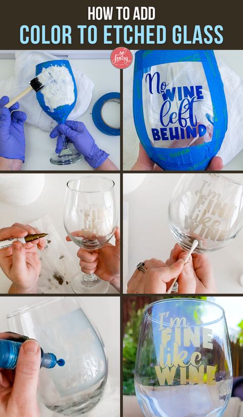 How to Add Color to Etched Glass - So Fontsy Halloween Etched Glass Ideas, Etched Glass Wedding Gift Ideas, Etching Glassware Diy, Glass Etching Tutorial, Etching Projects, Glass Etching Diy, Glass Etching Cream, Etching Diy, Sharpie Paint Markers