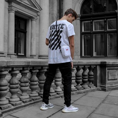 Off White Tee || Supreme FW17 Shoulder Bag || adidas YEEZY V2 "Zebra" Adidas Yeezy Outfit, White Outfit Men, Zebra Outfit, Yeezy Zebra, Yeezy V2, Off White Tees, White Streetwear, Yeezy Outfit, Monochrome Outfit