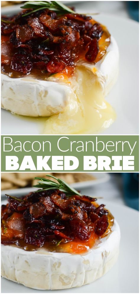 Bacon Cranberry Baked Brie - the perfect holiday appetizer! Brie topped with bacon, dried cranberries, apricot preserves, fresh rosemary and then baked until melty and delicious. Bacon Baked Brie, Appetizers Brie, Cranberry Baked Brie, Pilsbury Recipes, Bacon Brie, Appetizers Ideas, Baked Brie Recipes, Apricot Preserves, Cranberry Baking