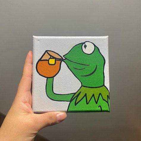 Memes Painted Canvas, Funny Small Paintings, Pixar Paintings, Silly Painting Ideas, Funny Things To Paint, Kermit The Frog Painting, Funny Paintings Easy, Kermit Painting, Funny Painting Idea