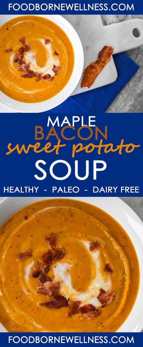 This paleo maple bacon sweet potato soup combines the satisfyingly salty flavor of BACON that everyone loves, with the decadently sweet flavor of MAPLE syrup to create one of the ULTIMATE flavor combinations. Paleo Sweet Potato Soup, Sweet Potato Bacon Soup, Sweet Potato Soup Healthy, Potato And Bacon Soup, Sweet Potato Bacon, Bacon Soup Recipes, Maple Sweet Potatoes, Potato Bacon Soup, Sweet Potato Soup Recipes