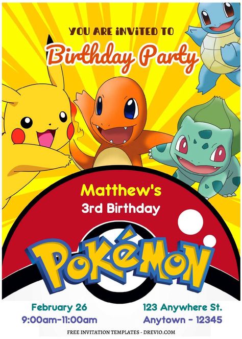 (Free Editable PDF) Get Ready To Evolve Pokemon Birthday Invitation Templates | Download Hundreds FREE PRINTABLE Birthday Invitation Templates Pool Party Images, Pokemon Birthday Invites, Pokemon Party Invitations, Pokemon Birthday Card, Pokemon Printables, Birthday Party Flyer, Pokemon Invitations, Bday Party Invitations, Birthday Party Invitations Free