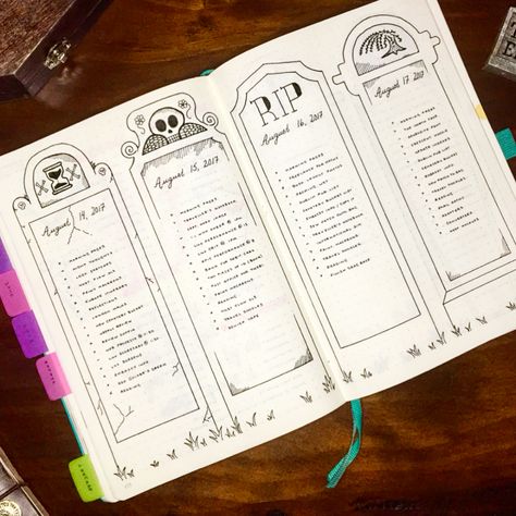 Noisy Ghost Co. (@noisyghostco) has a great Halloween spread idea for a bullet journal that include tombstones and interesting spooky motifs #bulletjournal #bujospread #bujoinspiration #halloweenbulletjournal Goth Bujo, Odyssey Plan, Goth Scrapbook, Bujo October, Halloween Bullet Journal, Sketchbook Planner, Halloween Spread, Bullet Journal Halloween, Bullet Journal October