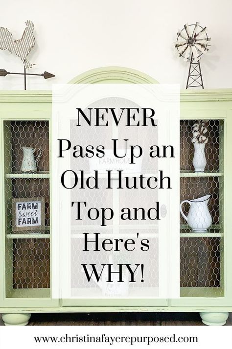 NEVER pass up hutch tops in the thrift store or on for sale sites.  They normally sell for very cheap.  You can repurpose them into beautiful and unique pieces for your home CHEAP!  #makeover #diy Repurposed Hutch Ideas, Hutch Makeover Diy, Repurposed Hutch, Hutch Top, Shelf Makeover, Redo Cabinets, Hutch Makeover, Green Chicken, Hutch Decor