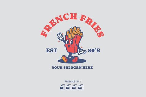 French Fries Retro Cartoon Logo French Fries Logo, French Fries Illustration, Fries Logo, Fries Illustration, Fries Cartoon, Diner Branding, Fast Food Logo, Vintage Mascot, Fast Food Logos