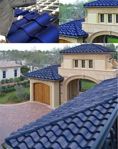 No more big boxes on your roof. Go green Mediterranean-style. Solé Power Tiles allow homeowners to make eco-friendly choices without sacrificing style. Created by SRS Energy, these tiles feature flexible solar panels. | Tiny Homes Solar Tiles, Solar Shingles, Solar Roof Tiles, Solar Panels Roof, Solar Roof, Blue Tile, Spanish Design, Casa Exterior, Spanish Tile