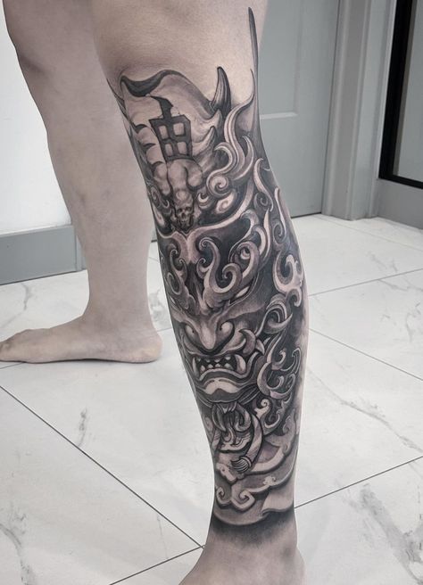 Samurai Tattoo On Leg, Japanese Calf Sleeve, Asian Leg Tattoo, Inside Leg Tattoo Men, Japanese Leg Tattoo Men, Japanese Shin Tattoo, Leg Tattoo Men Japanese Style, Upper Leg Tattoo Men Thigh Piece, Japanese Dragon Leg Tattoo