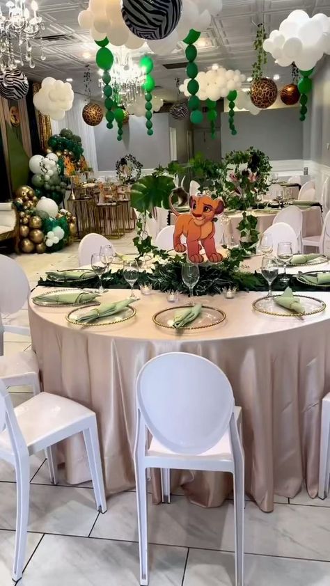 Lion King Baby Shower 🦁 👑 🍃 Venue & Decor Included! All you have to do is just show up! 6528 W North AveChicago/Oak Park, IL Text Inquiries 708-406-9319 or 773-970-0035 | Chicagoland Luxe Rentals Lion King Theme Baby Shower Ideas, Lion King Baby Shower Ideas For Boys, Lion King Baby Shower Ideas Decoration, Simba Baby Shower Ideas, Baby Shower Safari Cake, Lion King Centerpieces, Lion King Baby Shower Cake, Lion King Baby Shower Ideas, Lion Baby Shower Theme