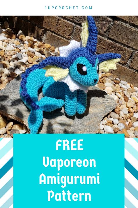 Vaporeon Amigurumi Pattern - 1Up Crochet Pokemon Crochet, Pokemon Crochet Pattern, Crochet Pokemon, Pokemon Pattern, Chic Crochet, Crochet Geek, Crochet Dragon, Crochet Animals Free Patterns, Crochet Design Pattern