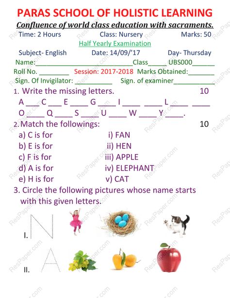 Nursery English/ Half Yearly Exam Paper of Paras School - ResPaper.com English Exam Papers, Worksheet For Nursery Class, Nursery School Activities, Nursery Worksheets, Maths Paper, English Worksheets For Kindergarten, Model Question Paper, Maths Exam, English Exam