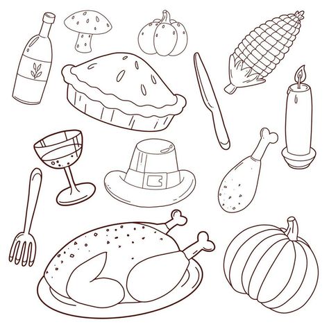 Turkey Doodle, Doodle Elements, Turkey Pumpkin, Draw Doodle, Pilgrim Hat, Roast Turkey, Fork And Spoon, Hand Draw, Forks And Spoons