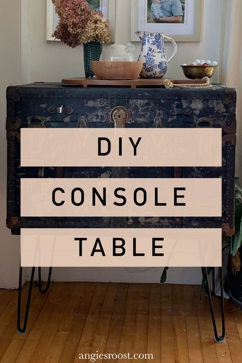 Have you ever come across a thrifted vintage trunk and wondered how to bring it back to life? Or repurpose it? Try transforming it into a DIY console table by adding hairpin legs to add character and charm. It's not just about functionality; it's a unique piece of furniture. Head over to the blog for a step-by-step tutorial along with a supplies list that will guide you through the entire process. You won't believe how easy (and cheap) it is to create a DIY console table with a vintage trunk. Vintage Steamer Trunk, Diy Console, Vintage Trunk, Diy Console Table, Milk Glass Lamp, Old Trunks, Leftover Paint, Vintage Trunks, Radio Flyer