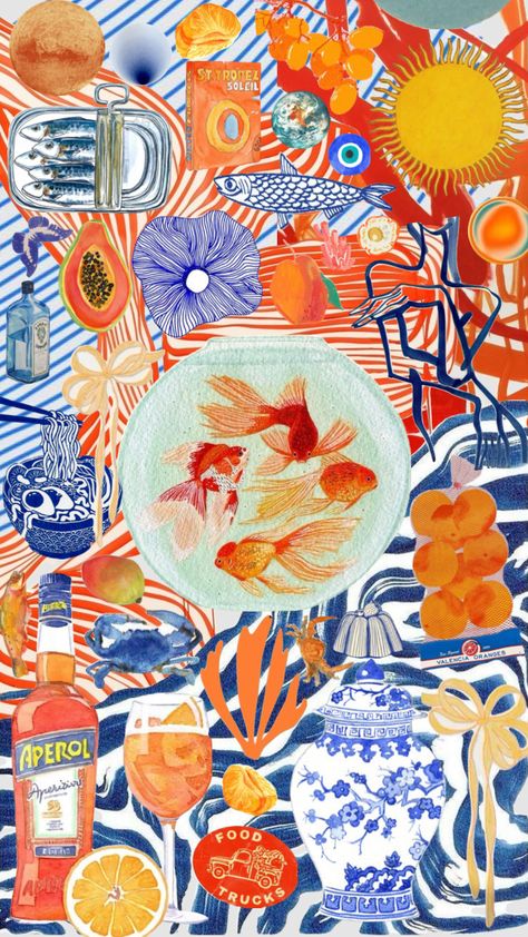 Blue Orange Aesthetic, Orange Collage, Fruit Collage, Maximalist Wallpaper, Collage Moodboard, Moodboard Collage, Fruit Wallpaper, Iphone Backgrounds, Orange Aesthetic