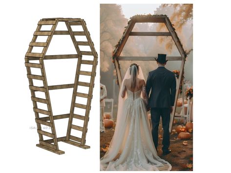 The perfect arch for your halloween wedding! NOTE: When you purchase you will receive two PDFS, one is to build the 8 foot tall coffin arch, and the other is to build the 10 foot tall arch. Both are included! ⚰️Wedding Coffin Arch Plans ⚰️ Embrace the Spooky in Your Love Story with this coffin wedding arch! These plans will show you step by step how to build an 8 or 10 foot tall coffin arch for your wedding! I built these plans to show how easy it is to have something TRULY unique at your weddin Goth Wedding Arch, Wedding Arch Alternative, Witchy Wedding, Wedding Settings, Halloween Weddings, Halloween Wedding Invitations, Flowers Vines, Earthy Wedding, Halloween Coffin