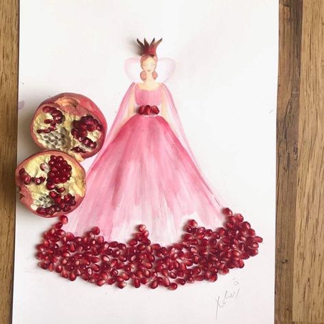 Pomegranate dress Fruit Textiles, Pomegranate Fashion, Pomegranate Dress, Pomegranate Dressing, Pomegranate Art, Aquarius Art, Fashion Figure, Fashion Figure Drawing, Pink Wallpaper Backgrounds