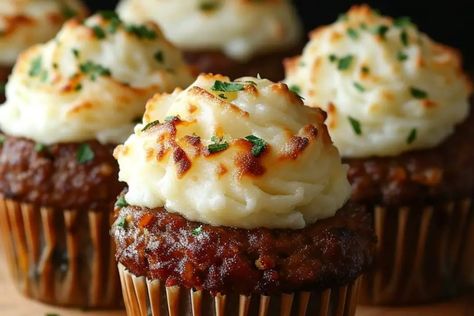 Savory Cupcakes, Meatloaf Cupcakes, Bacon Wrapped Meatloaf, Meatloaf Muffins, Whipped Potatoes, Potato Toppings, Family Fresh Meals, Easy Seafood, Honey Garlic Chicken