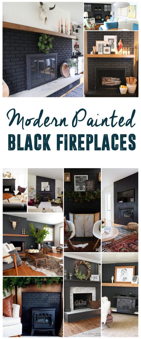 Black Fireplaces, Black Fireplace Mantel, Black Fireplace Surround, Black Brick Fireplace, Wood Mantle Fireplace, White Brick Fireplace, Painted Brick Fireplace, Painted Brick Fireplaces, Brick Fireplace Makeover