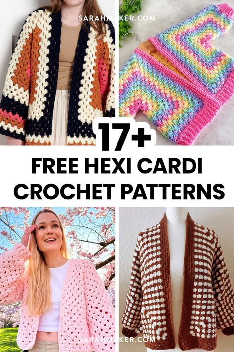 Check out this roundup of the best free hexagon cardigan (also known as hexi cardi) crochet patterns, and find your next project! Hexagon Crochet Pattern, Hexagon Cardigan, Crochet Cardigan Free, Crochet Jacket Pattern, Crochet Cardigan Pattern Free, Granny Square Crochet Patterns Free, Gilet Crochet, Crochet Vest Pattern, Crochet Hexagon