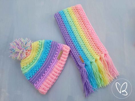 Rainbow Beanie, Beanie Pom Pom, Baby Rag Quilts, Messy Bun Beanie, Bun Beanie, Rainbow Scarf, Kids Beanies, Rainbow Crochet, Tassel Scarf