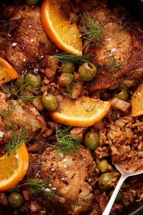 Skillet Chicken and Rice With Anchovies and Olives Recipe - NYT Cooking Recipes With Anchovies, Skillet Chicken And Rice, Chicken And Couscous, Anchovy Recipes, Pan Seared Chicken, Olive Recipes, Random Recipes, Mediterranean Kitchen, Happy Belly