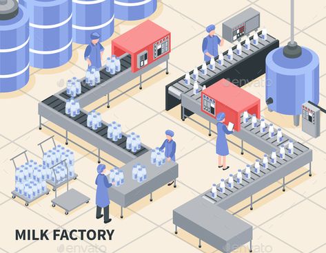 Milk Factory Illustration Process of milk packing on factory 3d isometric vector illustration #Milk, #Factory, #Illustration Factory Illustration, Factory Icon, Milk Factory, Cheese Factory, Illustration Process, 3d Isometric, Isometric Art, Isometric Design, Isometric Illustration