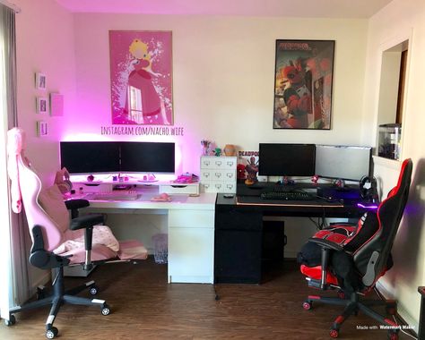 Instagram.com/nacho.wife Couples Study Room, Duo Gaming Room, Game Room Couple Ideas, Gaming Room Setup 2 People, Husband And Wife Gaming Setup, Couples Gaming Set Up, Dual Gaming Setup Couple, Game Room And Office Combo, Couple Desk Setup