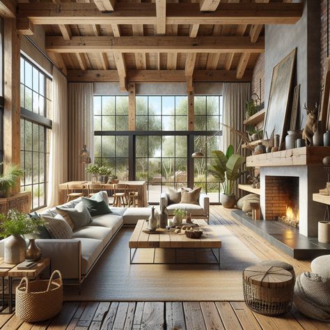 The walls should be covered in beautiful reclaimed wood, with large, picture windows showcasing greenery outside. The space should have exposed beams and a brick fireplace to add a cozy feel. Furniture should be contemporary but comfortable, done in natural tones and fabrics. Woven baskets, metal accents, and vintage artifacts should be placed strategically around the room. The overall vibe should be warm, inviting, and stylish, serving as inspiration for a remodel. Rustic Elegance Interior Design, Elegance Interior Design, Cozy Living Room Inspiration, Cedar Homes, Elegant Interior Design, Timeless Decor, Chic Living Room, Rustic Chic, Cozy Living Rooms