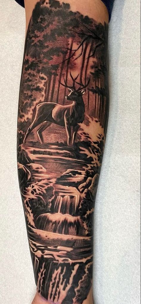 Deer Hunter Tattoo Ideas, Hunting Scene Tattoo, Buck Tattoo Men, Tattoo Designs Drawings For Men, Deer Hunter Tattoo, Deer Tattoo Men, Bow Hunting Tattoos, Ryan Tattoo, Deer Hunting Tattoos