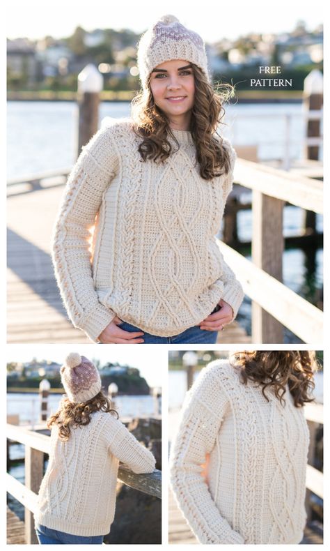 Cable Stitch Sweater Free Crochet Patterns - DIY Magazine Fisherman Sweater Crochet Pattern, Crochet Fisherman Sweater, Cable Sweater Pattern Free, Cable Knit Sweater Pattern Free, Crochet Cables Pattern, Cable Sweater Pattern, Womens Patterns, Cable Knit Sweater Pattern, Crochet Cable Stitch